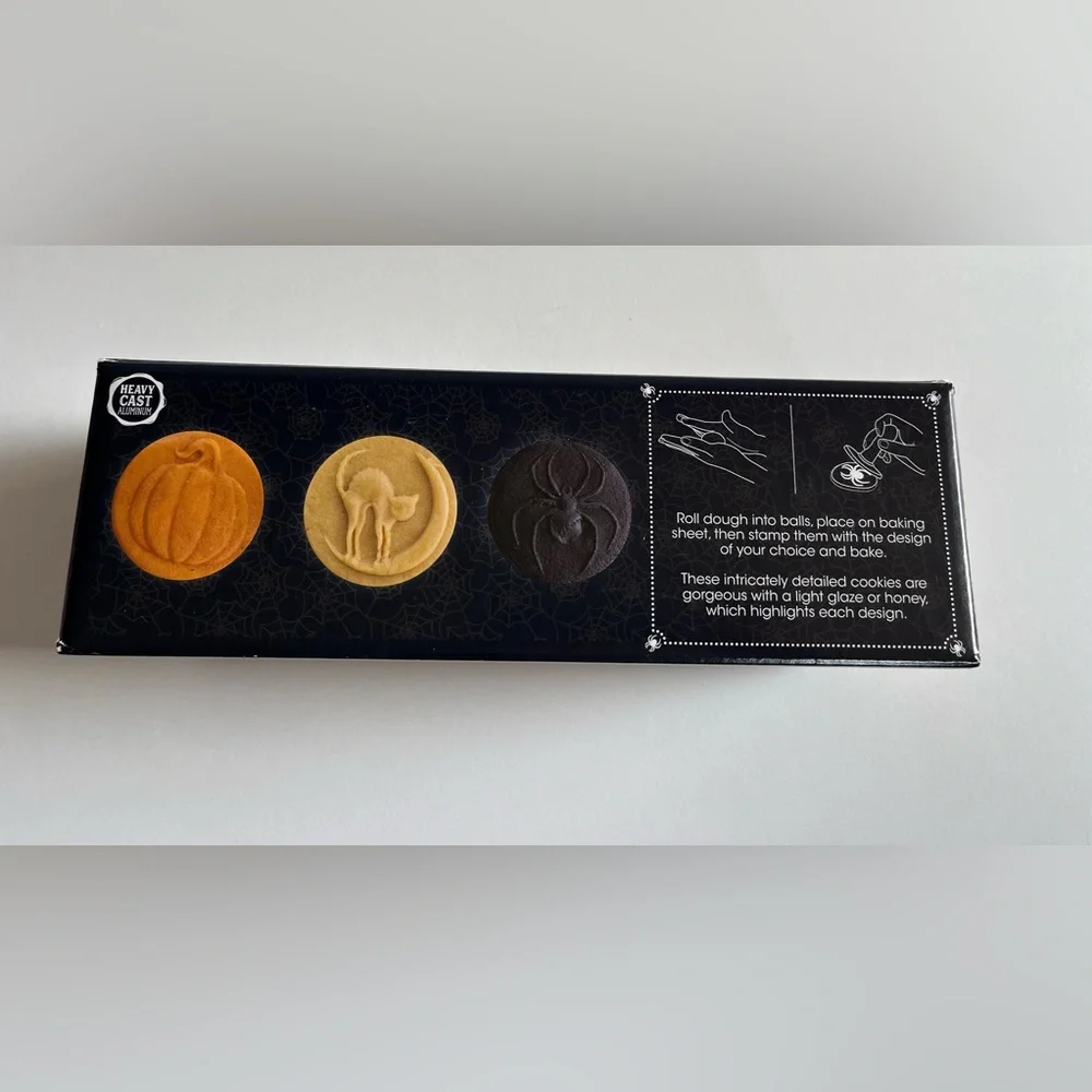 Nordic ware Halloween Cookie Stamps Set of three Cat on Moon, Spider, & Pumpkin.